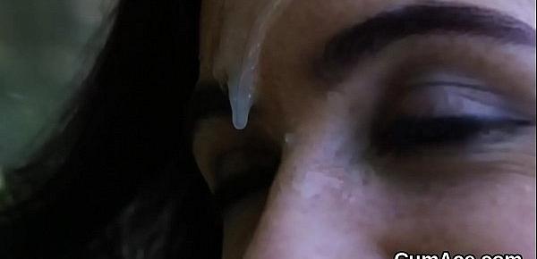  Hot sex kitten gets sperm shot on her face eating all the cum